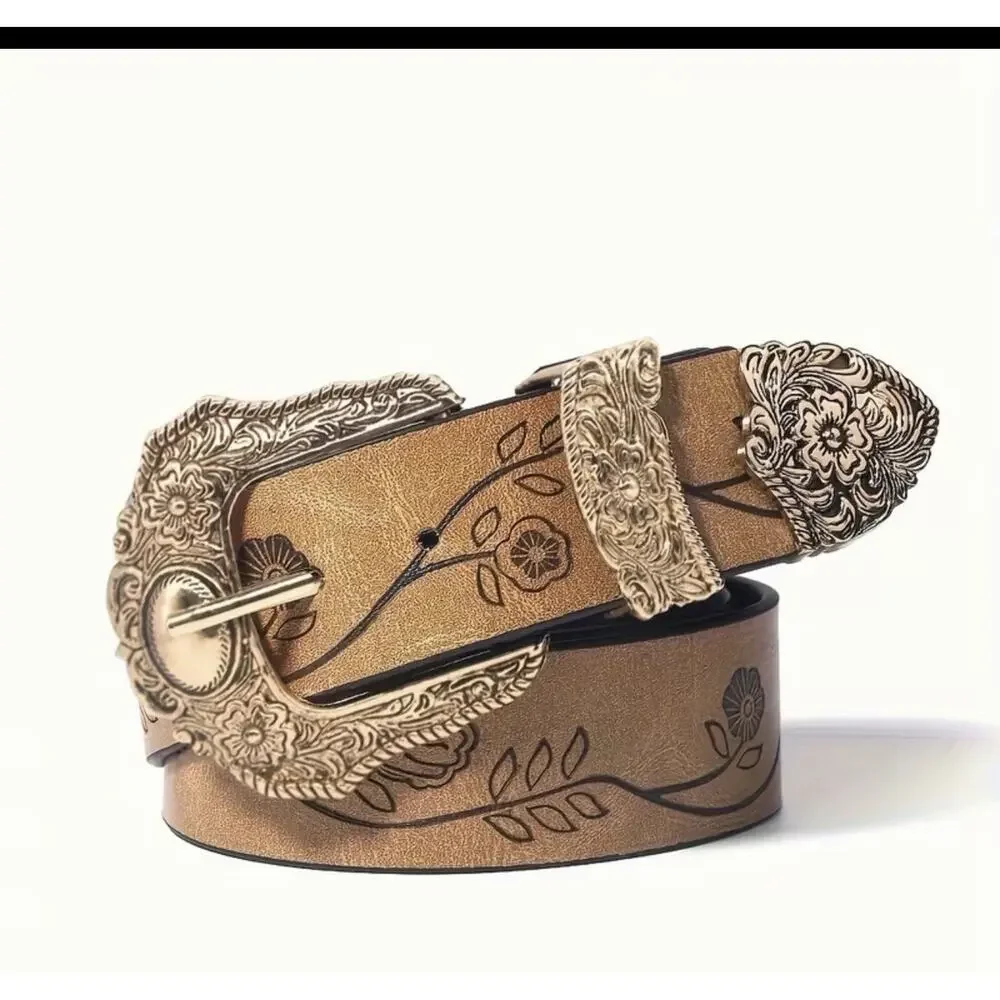 (Vintage) Bohemian Western Style Belt With Buckle 1.5 Inch Wide, Faux Leather Lg
